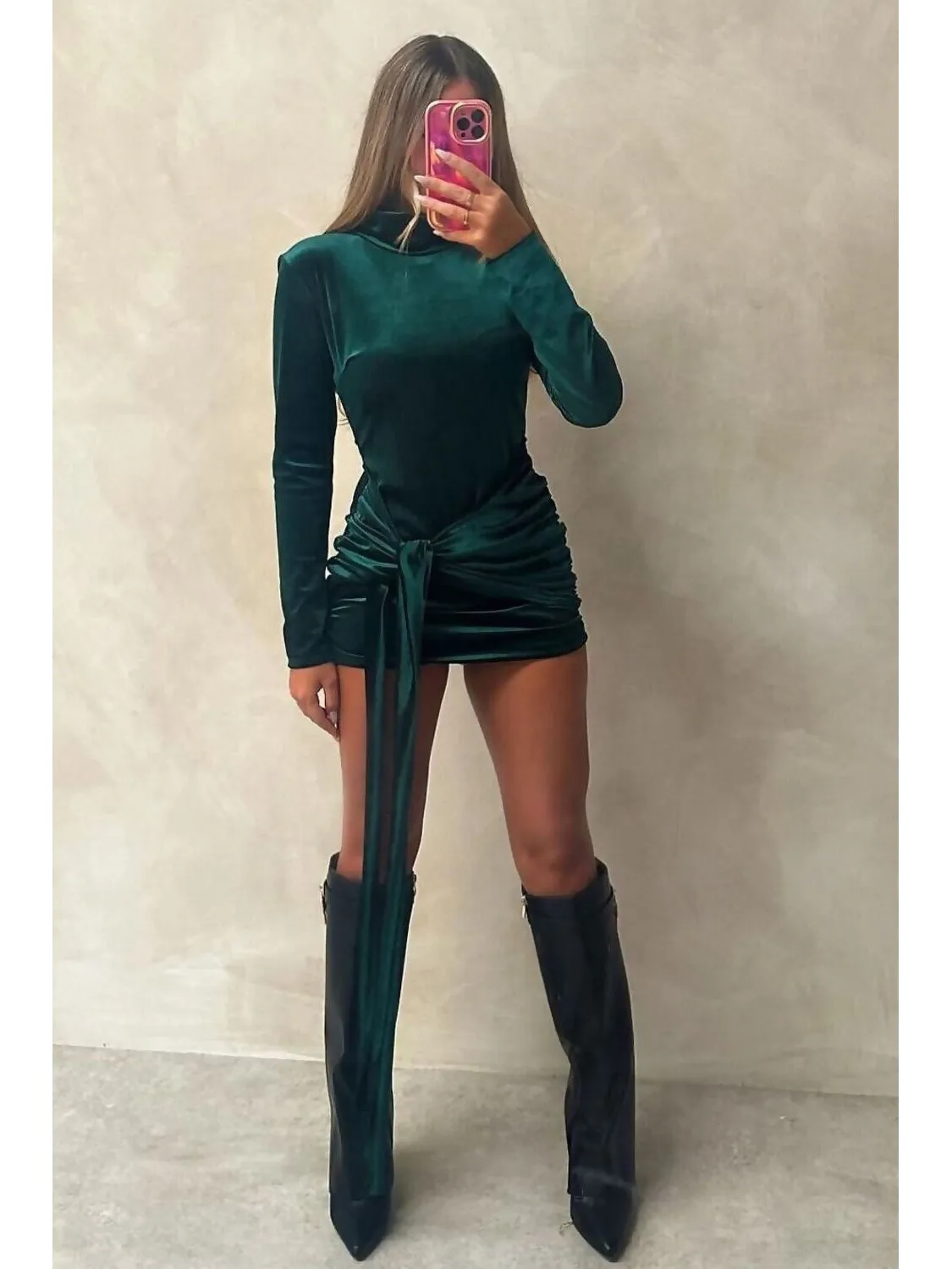 Velvet High Neck Knot Detail Mini  Dress
