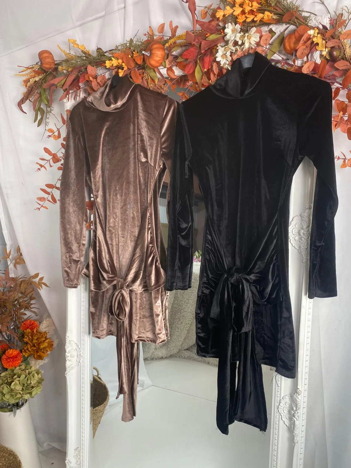 Velvet High Neck Knot Detail Mini  Dress