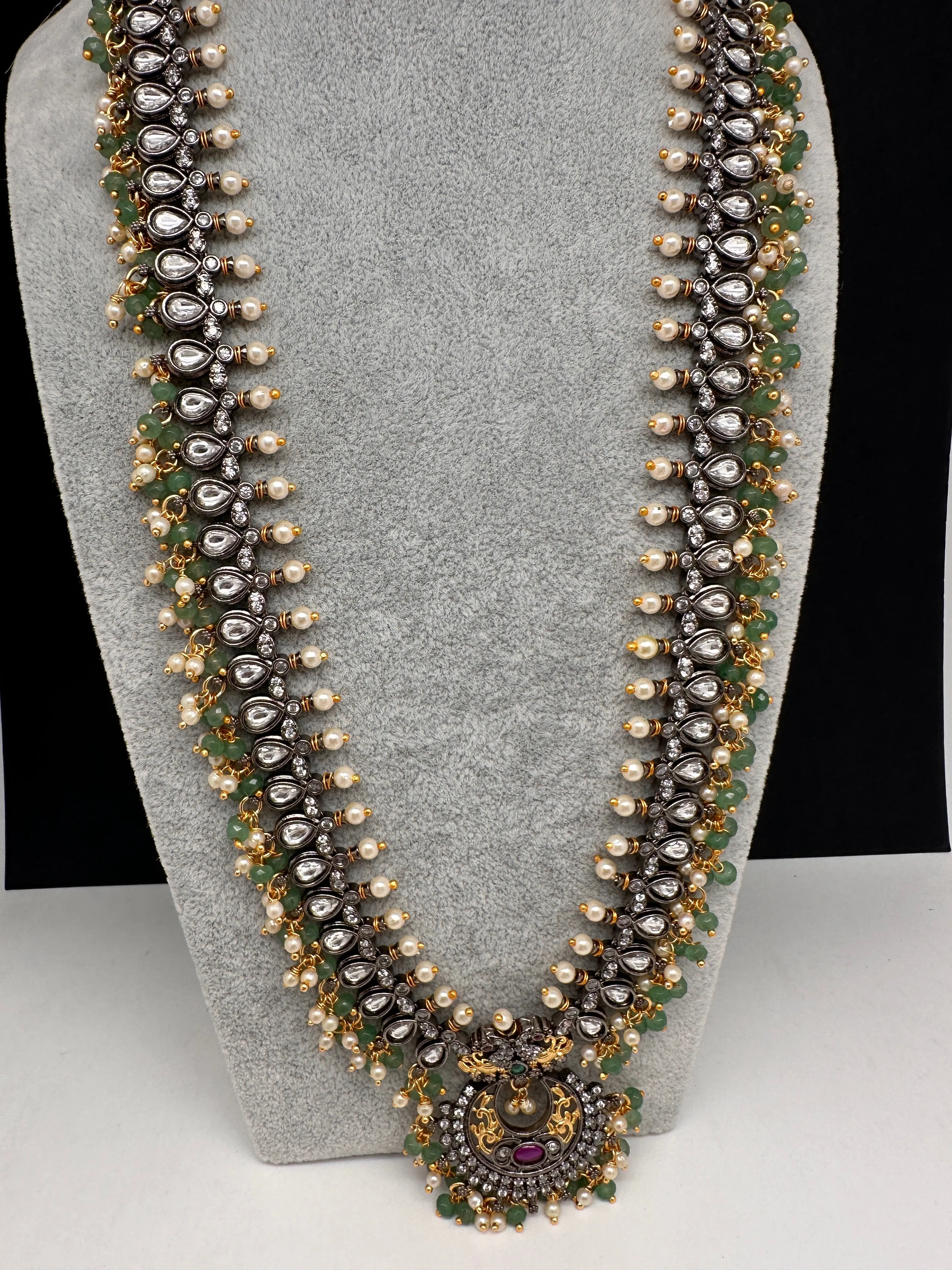 Victorian Mehndi Finish AD Kundan Green Stone Green Beads LongNecklace
