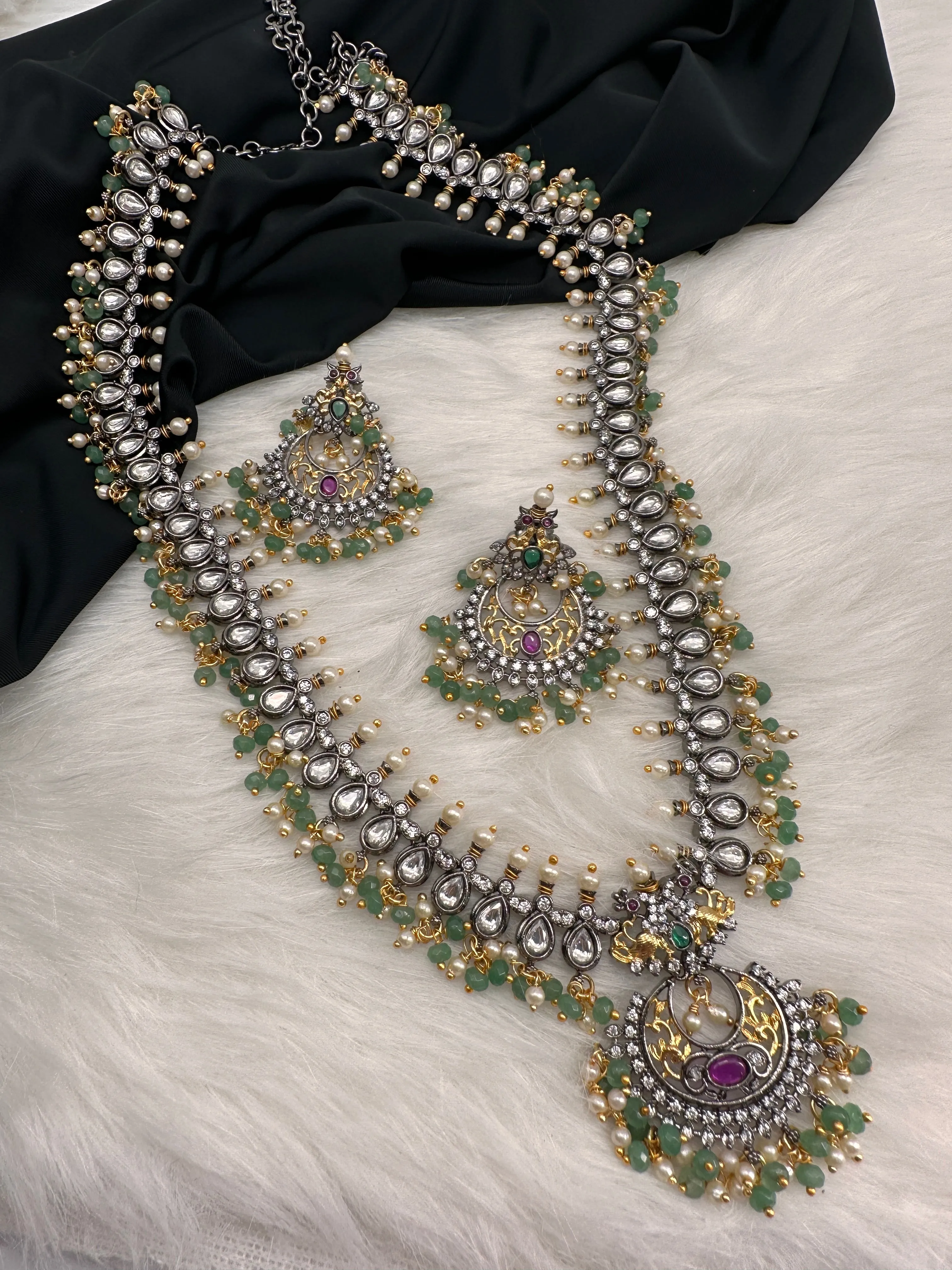 Victorian Mehndi Finish AD Kundan Green Stone Green Beads LongNecklace