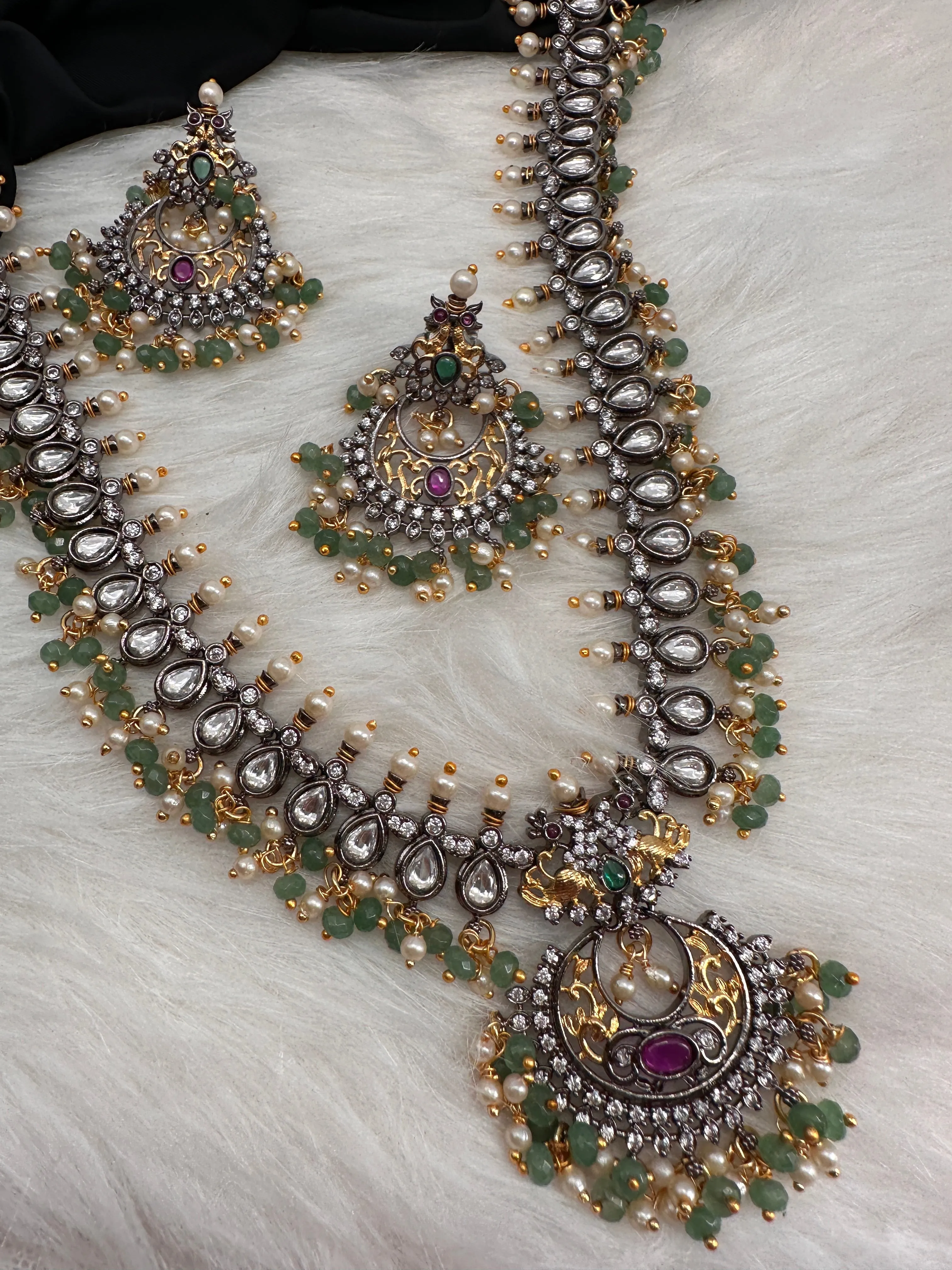 Victorian Mehndi Finish AD Kundan Green Stone Green Beads LongNecklace