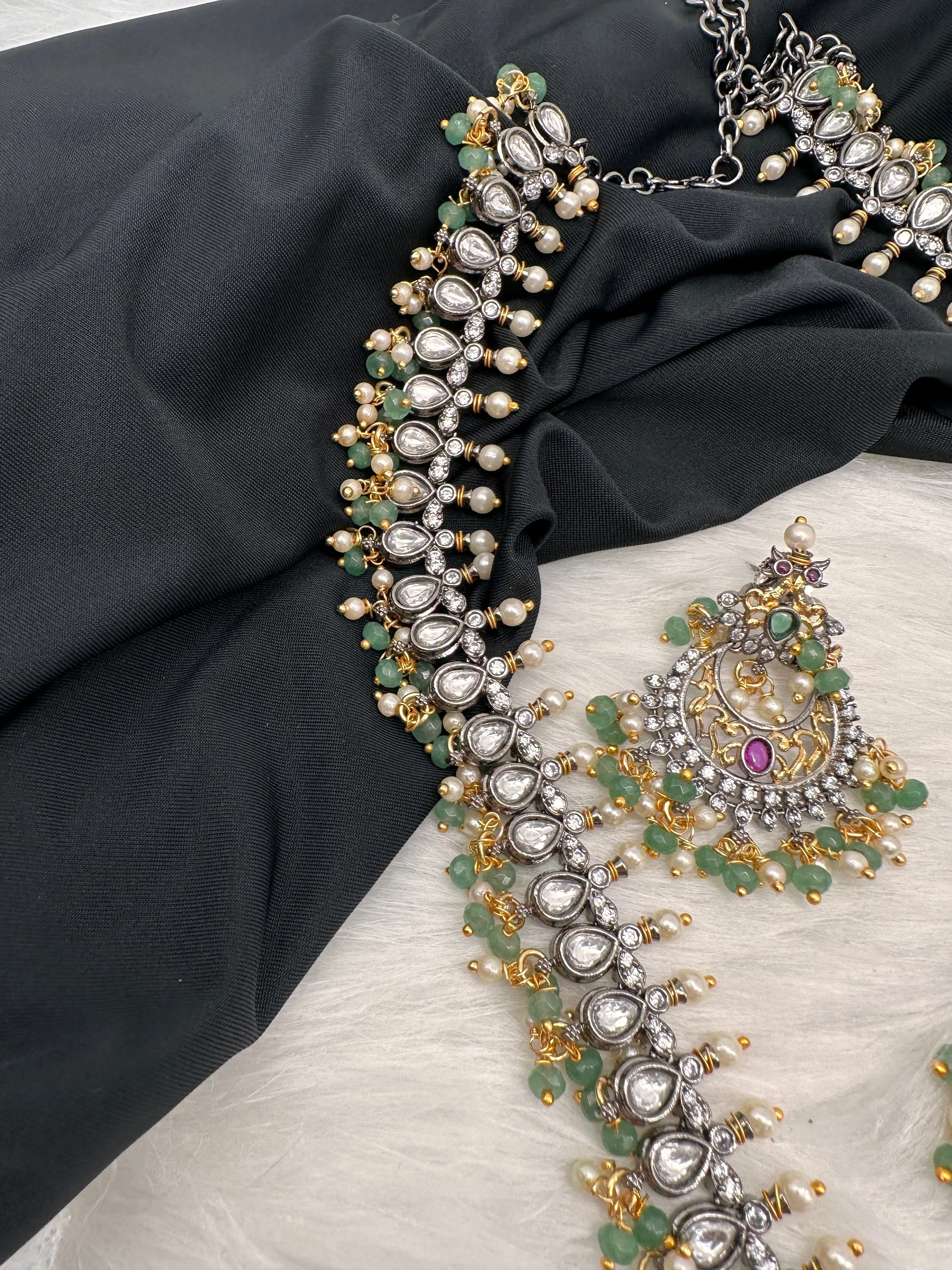 Victorian Mehndi Finish AD Kundan Green Stone Green Beads LongNecklace