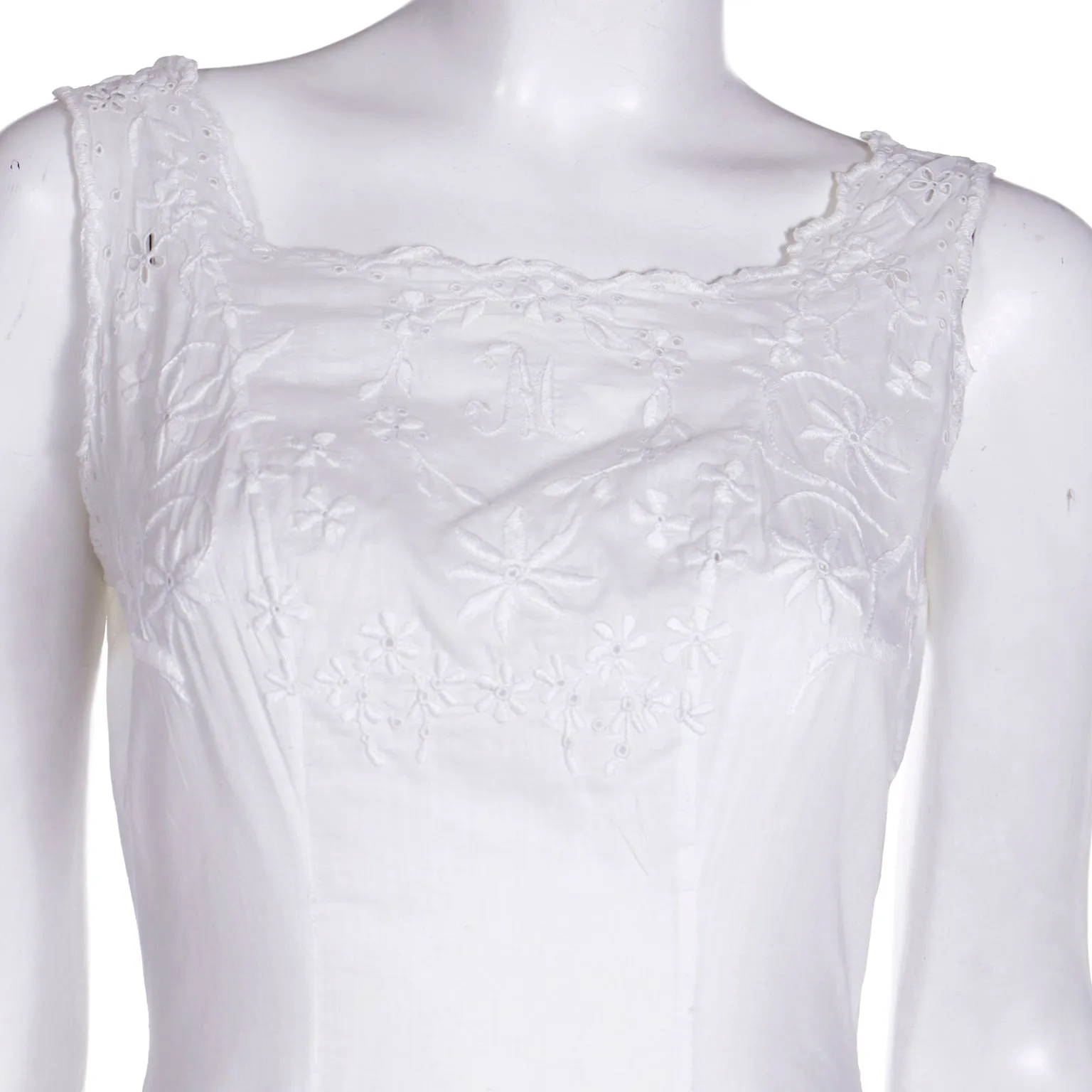 Victorian White Cotton Broderie Anglaise Dress w/ Embroidery & M Monogram
