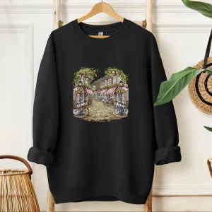 Vintage European Street Scene T-Shirt, Rustic Cobblestone Alley Print, Floral Bicycle, Gift for Travel Lovers, Cottage Core Sweatshirt
