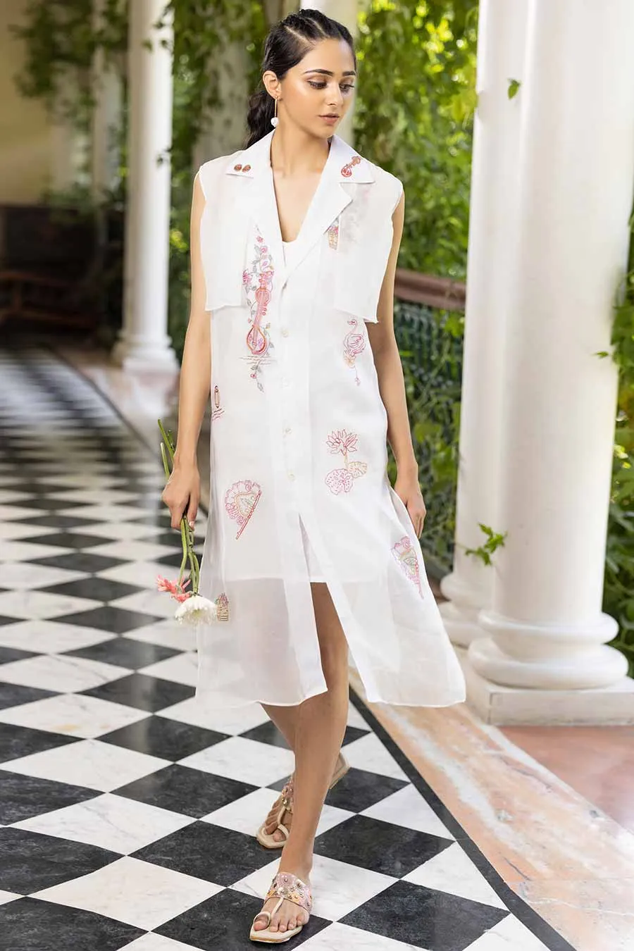 White Embroidered Trench Coat Dress
