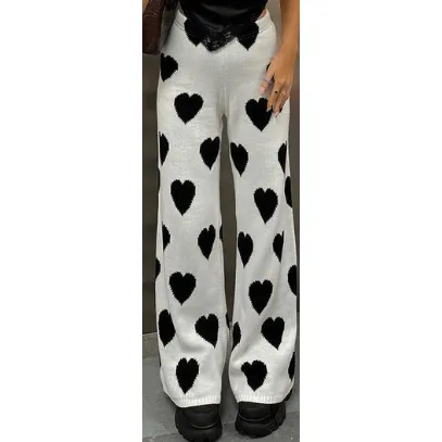 Wide Leg Knit Pants with Black Hearts